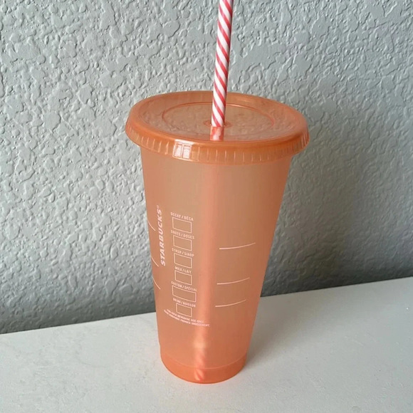 3/$24 Starbucks "Cold As Ice" Orange Reusable Cold Cup with Candy Cane Straw - Picture 2 of 5